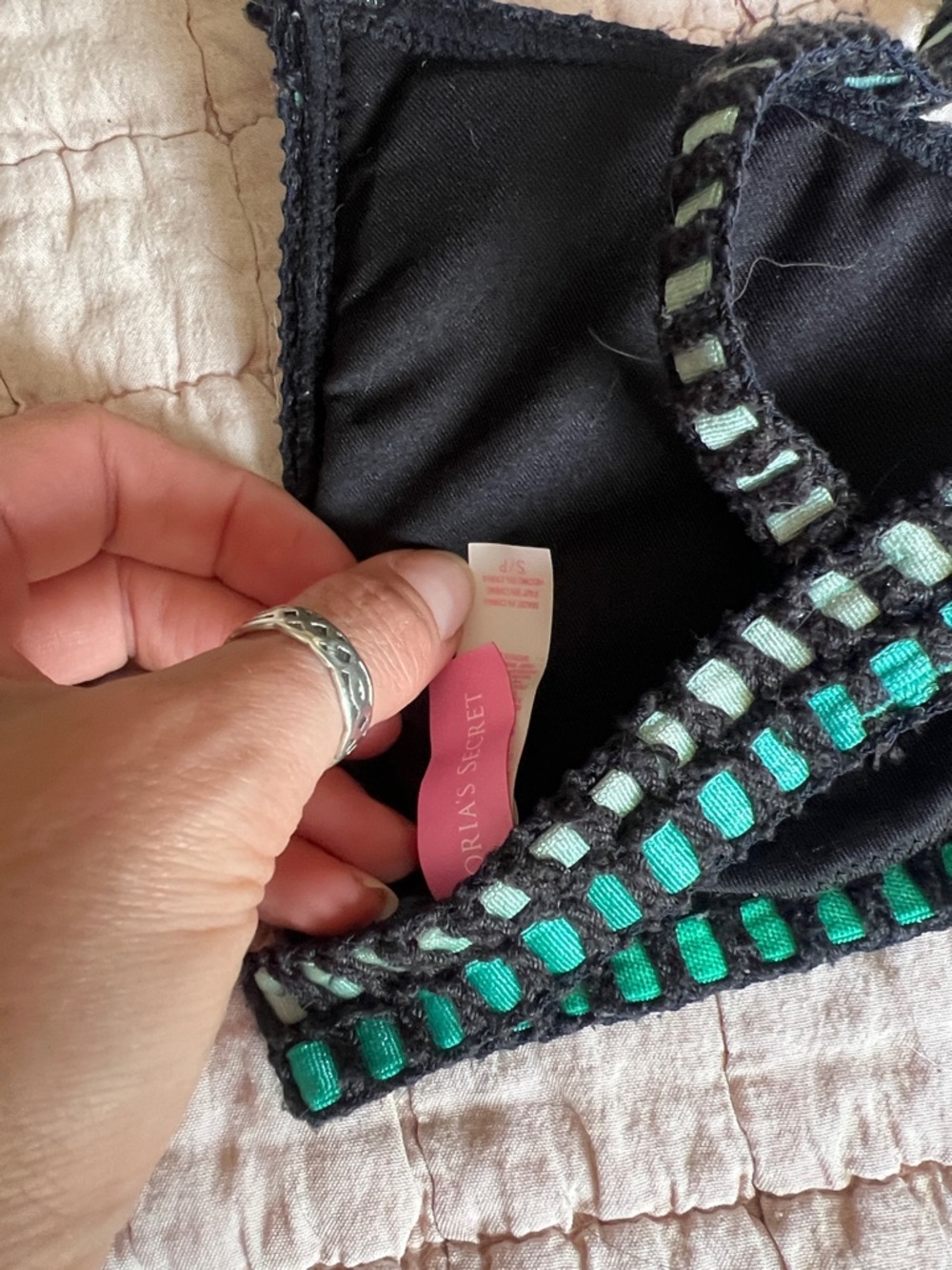 Victoria's Secret Black Bikini with Teal and Mint Crochet Trim - Picture 3 of 6